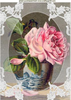 Pink Roses in a Vase with Lace A4
