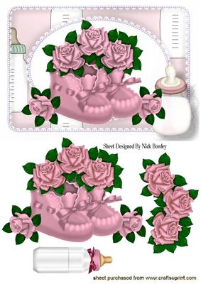 Baby Girl Bootees with Roses & Bottle