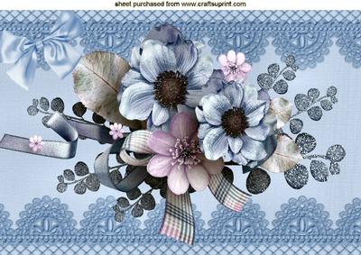 Pretty Blue Flowers on Lace with Bow A4