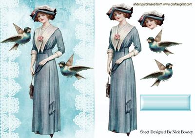 Pretty Vintage Lady with Blue Birds on Lace