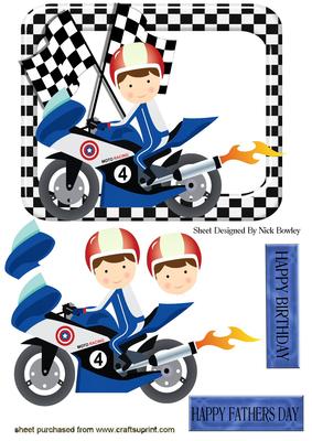 Motorcycle in Blue with Racer & Check Flags