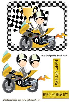 Motorcycle in Yellow with Racer & Check Flags