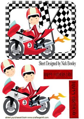 Motorcyclist in Red with Racer & Check Flags