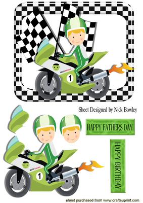 Motorcyclist in Green with Racer & Check Flags