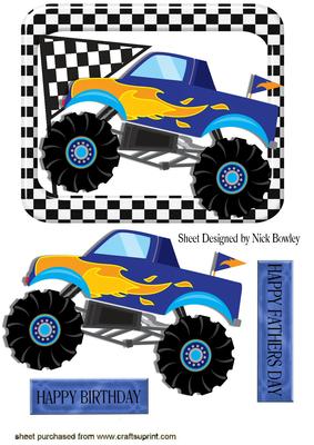 Blue Monster Jeep with Flag and Flames