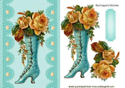 Turq Vintage Boot on Lace with Peach Roses