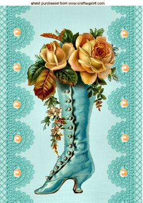 Turq Vintage Boot with Peach Roses A4