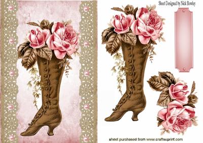 Vintage Boot with Pink Roses on Ecru Vintage Lace