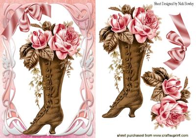 Brown Vintage Boot with Pink Rose & Bow