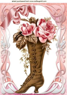 Brown Vintage Boot with Pink Rose & Bow A4
