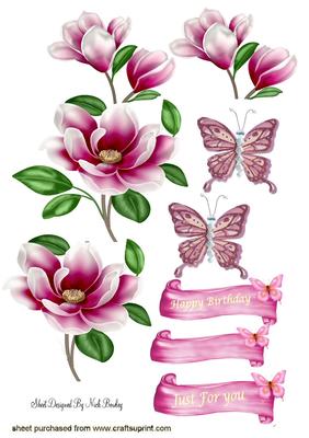 Pink Magnolias with Butterflies & Tags