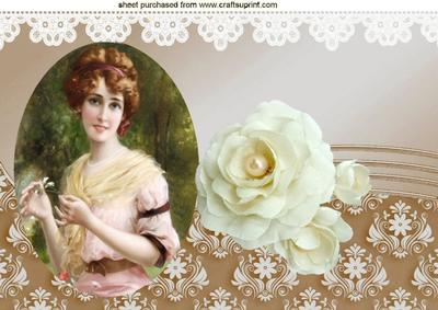 Vintage Lady with Cream Rose & Lace A4