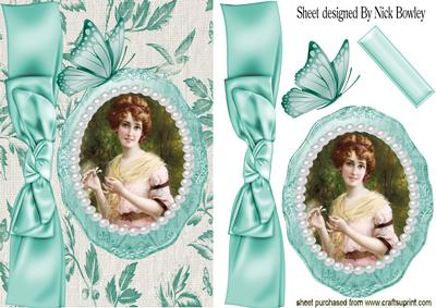 Pretty Vintage Lady in Oval & Pearls Frame, & Big Bow