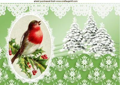 Little Robin with Christmas Trees with Snow A4