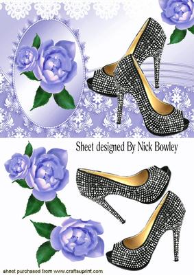 Black Diamante Shoes with Lilac Roses & Lace