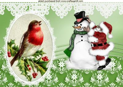 Santa with Snowman & Robin in Oval Frame