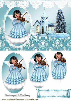 Angel with Violin and Church in Snow Oval Pyramids