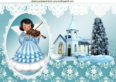 Angel with Violin and Church in Snow A4