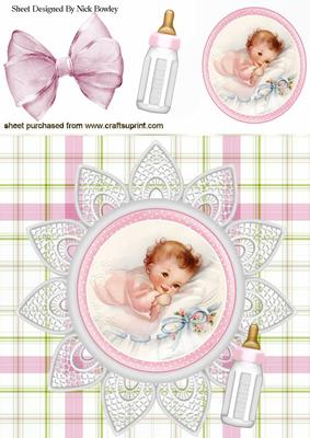Cute Little Baby Girl with Her Bottle on Lace 8x8