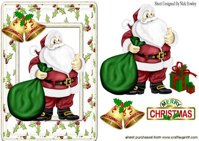 Santa with His Christmas Sack, in Holly Frame