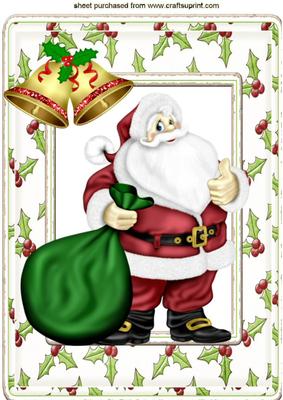 Santa with His Christmas Sack in Holly Frame A4