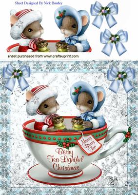 Two Little Christmas Mice Sitting in a Teacup 8x8