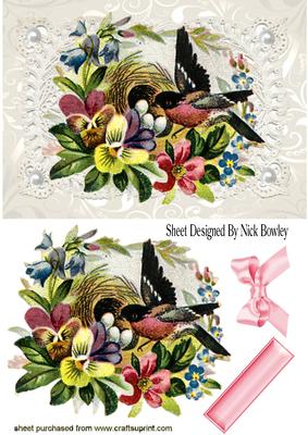 Vintage Bird with Nest on Ecru Lace with Pearls