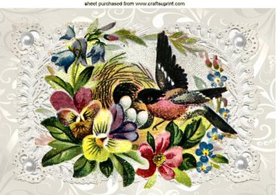 Vintage Bird with Nest on Ecru Lace A4