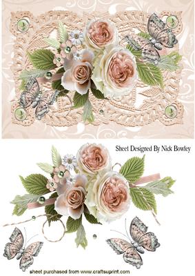 Pretty Peach Rose and Butterflies on Vintage Lace