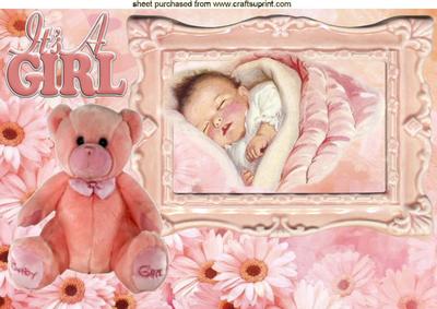 Baby Girl with Cute Teddy & Daisies in Frame A4