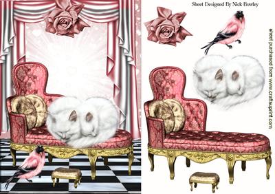 Cheeky Bird with Sleeping Kittens on Chaise Lounge