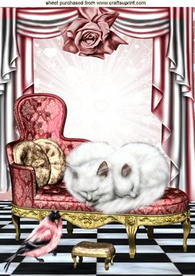 Cheeky Bird with Sleeping Kittens on Lounger A4