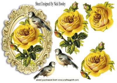 Yellow Roses and Little Bird in Ornate Frame