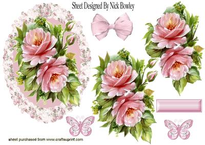 Pink Roses & Butterflies in Floral Frame