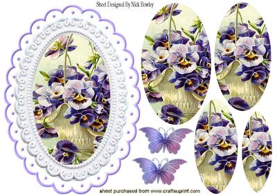 Lilac Pansies in a Basket Oval Pyramids with Butterflies