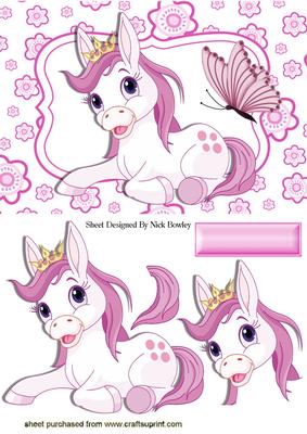Cute Pink Pony with Crown in Floral Frame