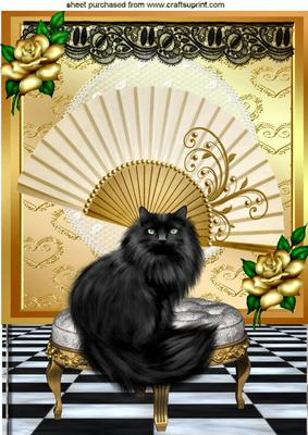 Black Persian with Green Eyes & Gold Fan A4