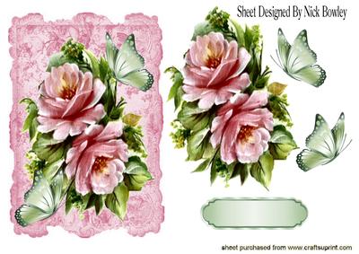 Pink Roses with Green Butterflies
