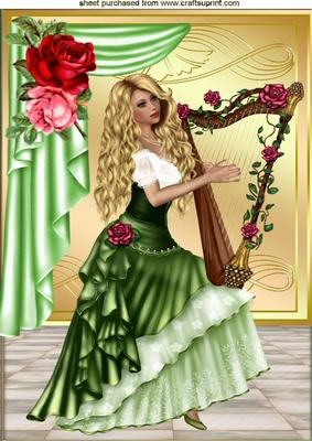Beautiful Lady with Harp & Red Roses A4