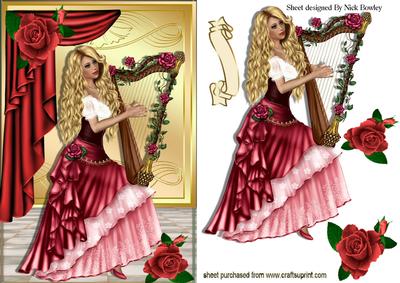 Pretty Lady in Red, with Roses & Harp