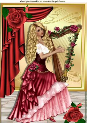Pretty Lady in Red with Roses & Harp A4