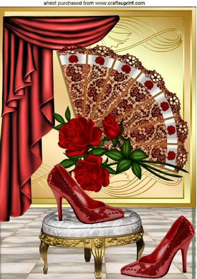 Red Sparkle Shoes Red Rose Lace Fan with Drapes A4