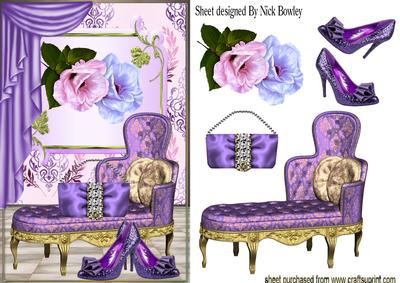 Purple Sparkle Shoes with Chaise Lounge & Roses