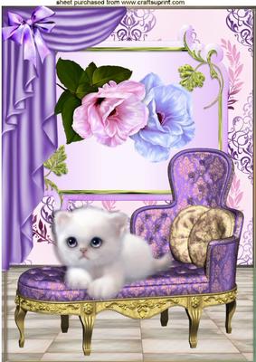 Fluffy White Kitty with Purple Roses A4