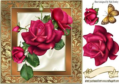 Red Roses in Antique Frame with Butterfly 8x8