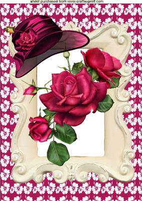 Pretty Red Roses with Hat in Cream Frame A4