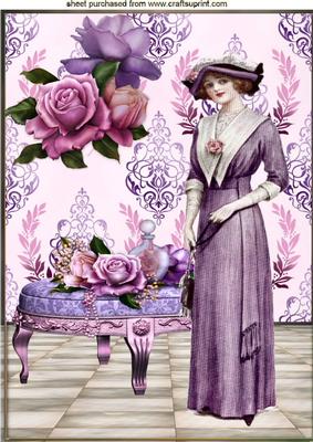 Vintage Lady with Lilac Flowers on a Stool A4