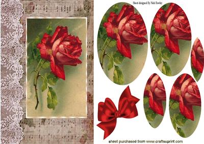 Red Rose on Music with Bow Oval Pyramids