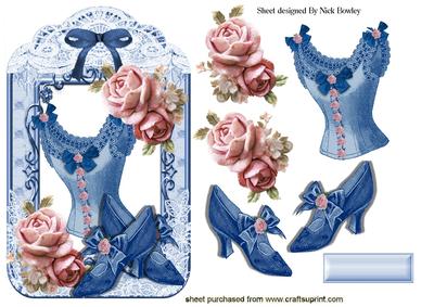 Vintage Lace, Pink Roses, & Blue Basque with Shoes