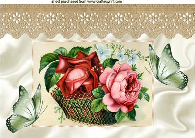 Vintage Roses in a Basket with Lace A4